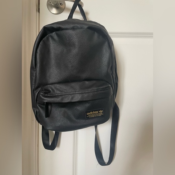 Adidas Small Black Leather Backpack with Gold Logo Patch and Accent